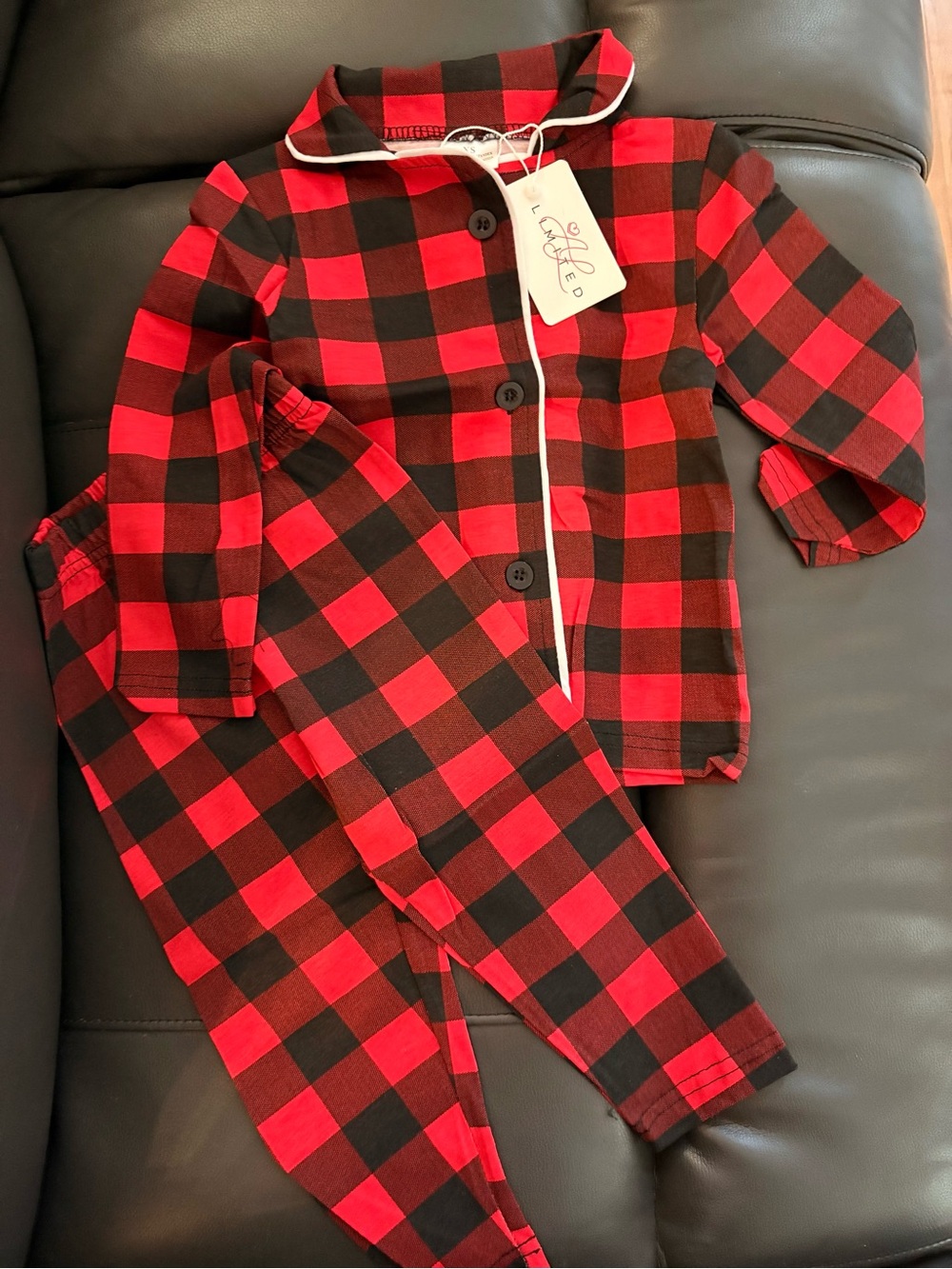 Ann Loren Red and Black Buffalo Plaid Kids Pajama Set with White Piping